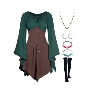 Medieval Dress With Head Dress , Black Knee Stockings and Necklace Size XL